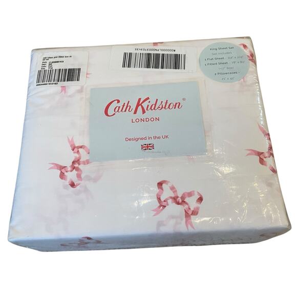 Cath Kidston 4pc KING Sheet Set Hot Pink Ribbons & Bows 100% Cotton White New - Picture 2 of 12